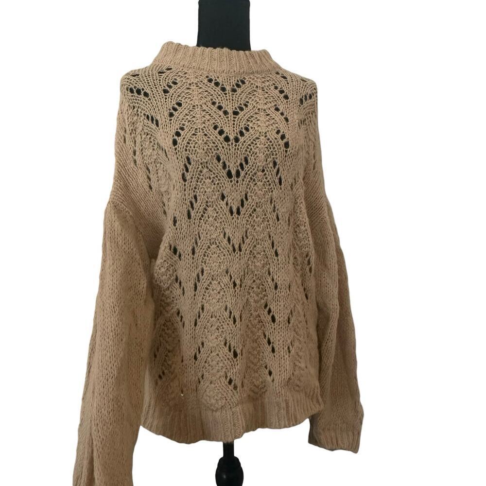 Kate Spade Sweater $298 Knit Tan Pointelle Alpaca Wool Neutral Size Large